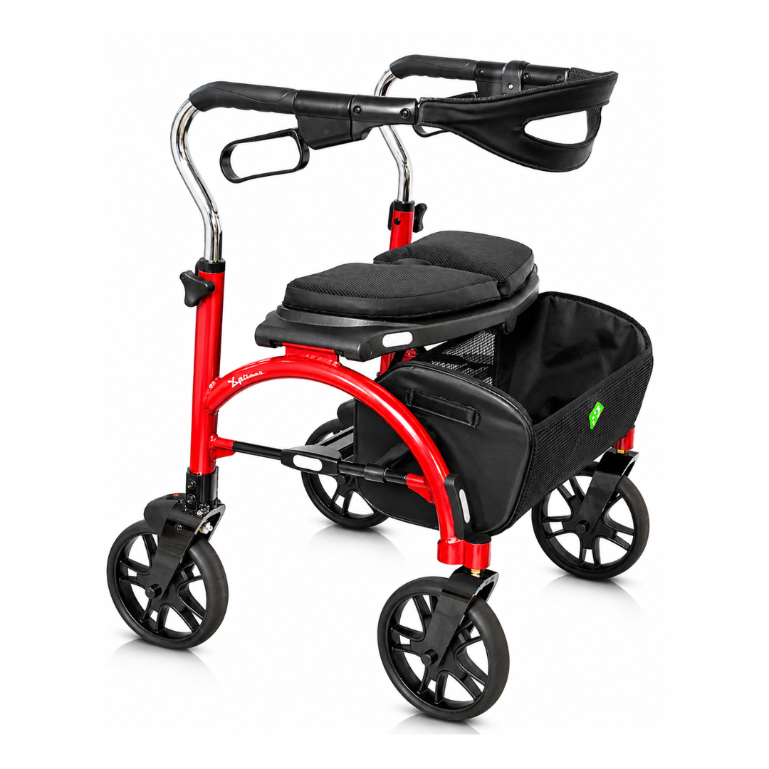 The Evolution Xpresso Wide Bariatric Rollators are red, lightweight walkers featuring four black wheels, a padded seat, curved handles, and a mesh storage bag. Its wide frame offers enhanced mobility support.